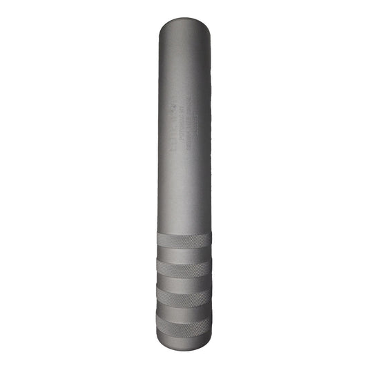 A SIERRA® LITE .338 Caliber Suppressor by B&B Firearms, featuring a cylindrical design with a matte finish, is displayed in a vertical orientation against a plain white background. The lower half of the metallic suppressor boasts textured, grooved rings for grip, while the top half is smooth with faint, indistinct markings.