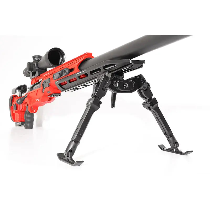Cadex ELR Bipod Extender installed on a Cadex chassis with a Falcon bipod