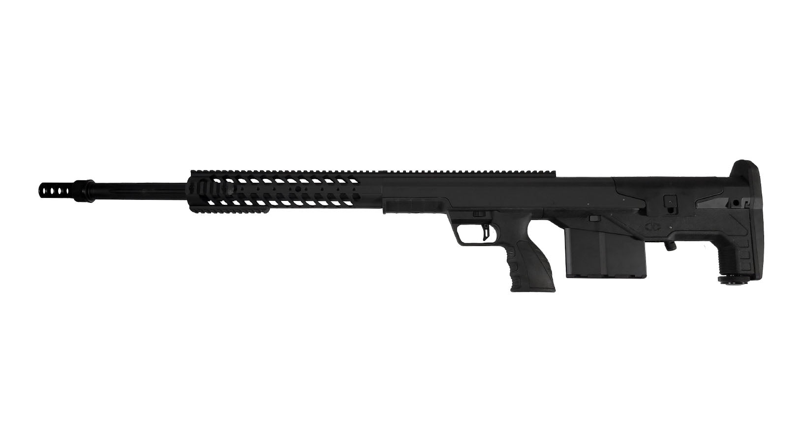 Introducing the B&B Firearms HTI Precision Heavy Caliber Bullpup Rifle: A tactical, high-precision sniper rifle with a tan-colored body, black barrel, and muzzle brake. This multi-caliber platform features a perforated handguard for cooling, a large magazine, and a contoured grip. An adjustable stock provides better shoulder support.