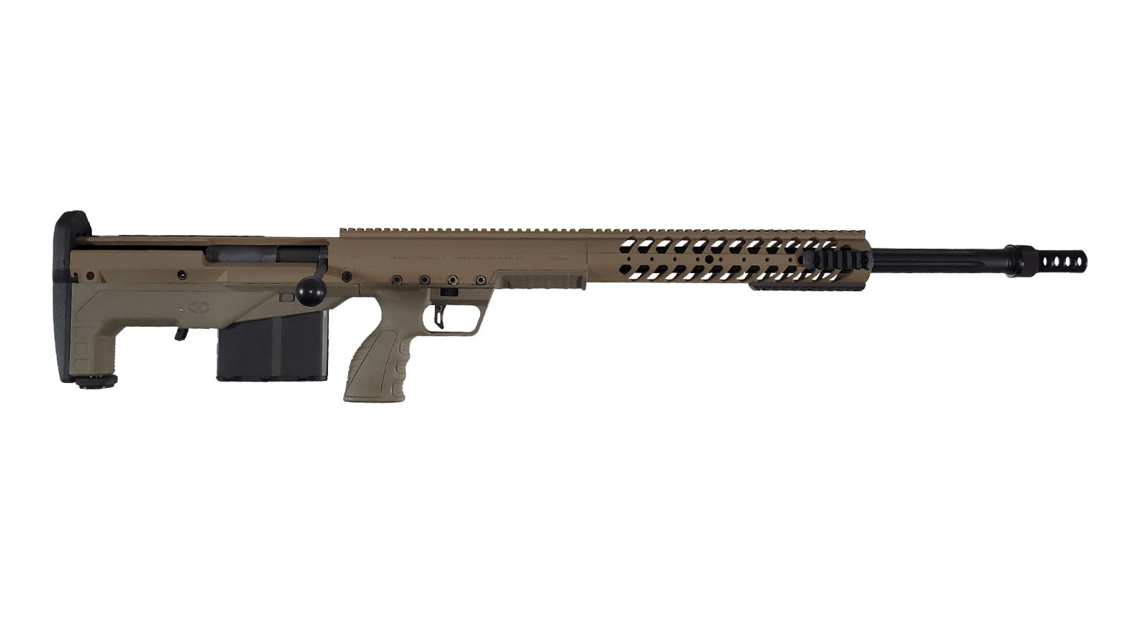 Introducing the B&B Firearms HTI Precision Heavy Caliber Bullpup Rifle: A tactical, high-precision sniper rifle with a tan-colored body, black barrel, and muzzle brake. This multi-caliber platform features a perforated handguard for cooling, a large magazine, and a contoured grip. An adjustable stock provides better shoulder support.