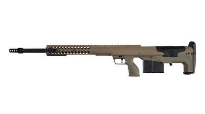 Introducing the B&B Firearms HTI Precision Heavy Caliber Bullpup Rifle: A tactical, high-precision sniper rifle with a tan-colored body, black barrel, and muzzle brake. This multi-caliber platform features a perforated handguard for cooling, a large magazine, and a contoured grip. An adjustable stock provides better shoulder support.