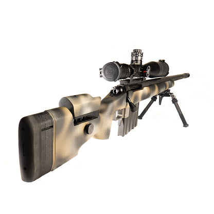 The lightweight **Cheytac M300 Praetorian sniper rifle by B&B Firearms**, favored by competitive shooters, features a long barrel with a bipod near the muzzle, a large scope on top, and a camouflage-patterned stock. Its ergonomic design includes an adjustable cheek rest and a magazine protruding from the bottom. The background is white.