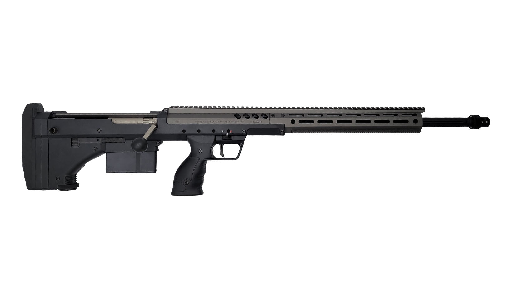 A black, modern tactical precision rifle for dedicated marksmen is photographed in a side view against a plain white background. The B&B Firearms SRS Precision Bullpup Bolt-Action Rifle features a long barrel with a muzzle brake, a rail system on top, a box magazine, an ergonomic pistol grip, and an adjustable stock.