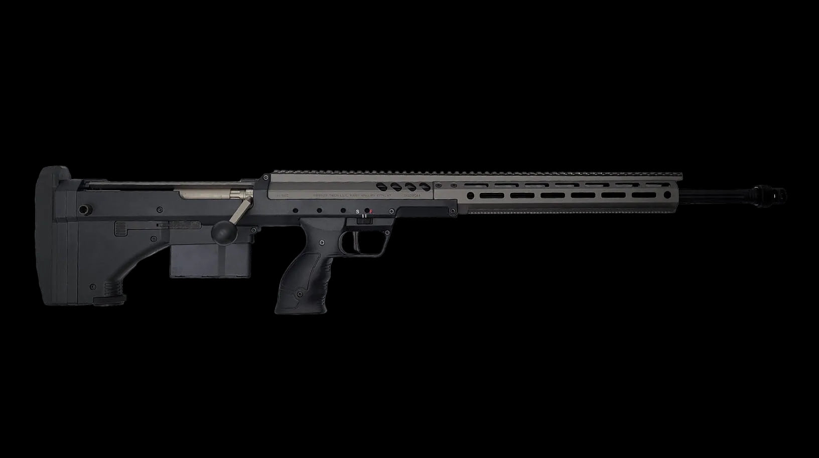 A black, modern tactical precision rifle for dedicated marksmen is photographed in a side view against a plain white background. The B&B Firearms SRS Precision Bullpup Bolt-Action Rifle features a long barrel with a muzzle brake, a rail system on top, a box magazine, an ergonomic pistol grip, and an adjustable stock.