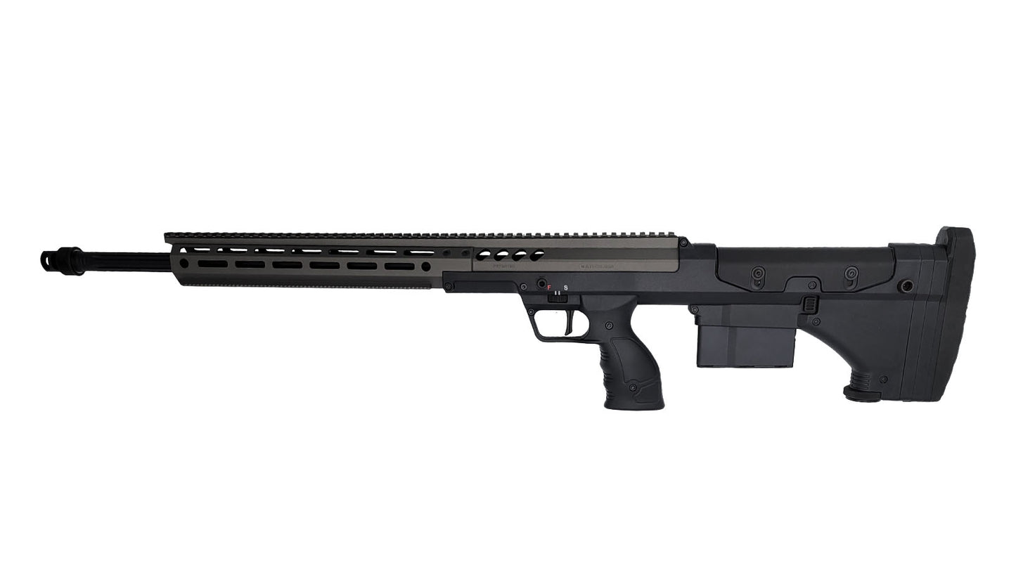 A black, modern tactical precision rifle for dedicated marksmen is photographed in a side view against a plain white background. The B&B Firearms SRS Precision Bullpup Bolt-Action Rifle features a long barrel with a muzzle brake, a rail system on top, a box magazine, an ergonomic pistol grip, and an adjustable stock.