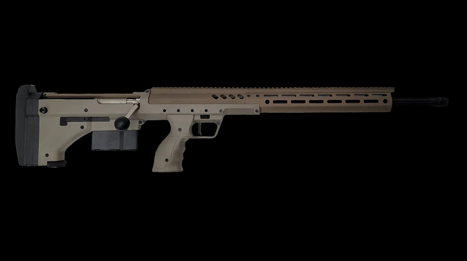 A black, modern tactical precision rifle for dedicated marksmen is photographed in a side view against a plain white background. The B&B Firearms SRS Precision Bullpup Bolt-Action Rifle features a long barrel with a muzzle brake, a rail system on top, a box magazine, an ergonomic pistol grip, and an adjustable stock.