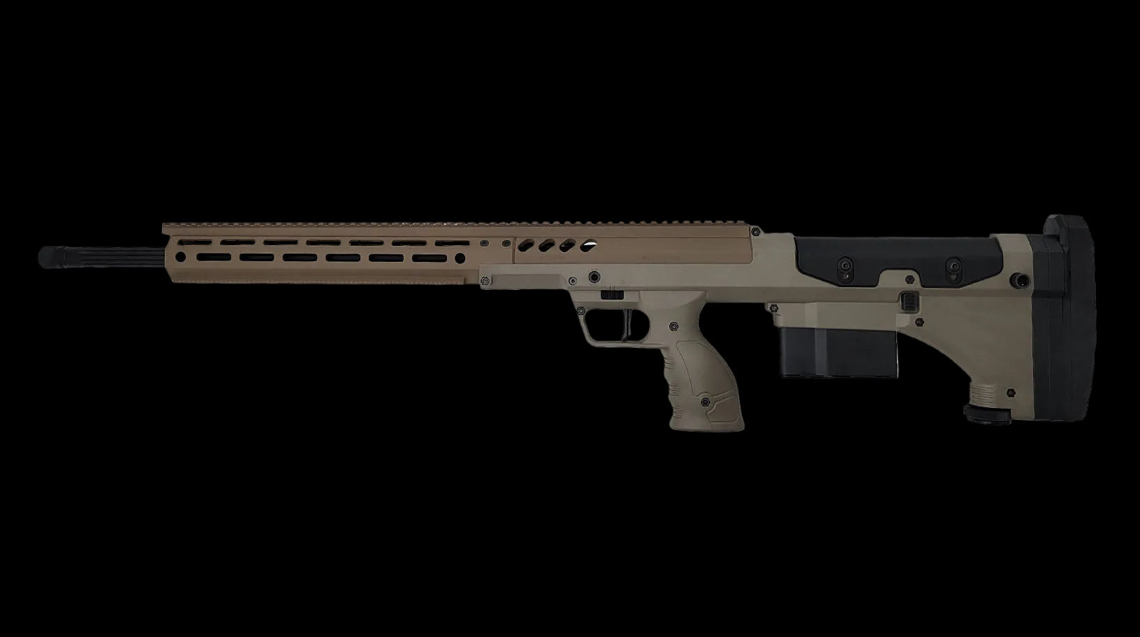 A black, modern tactical precision rifle for dedicated marksmen is photographed in a side view against a plain white background. The B&B Firearms SRS Precision Bullpup Bolt-Action Rifle features a long barrel with a muzzle brake, a rail system on top, a box magazine, an ergonomic pistol grip, and an adjustable stock.
