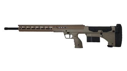 A black, modern tactical precision rifle for dedicated marksmen is photographed in a side view against a plain white background. The B&B Firearms SRS Precision Bullpup Bolt-Action Rifle features a long barrel with a muzzle brake, a rail system on top, a box magazine, an ergonomic pistol grip, and an adjustable stock.