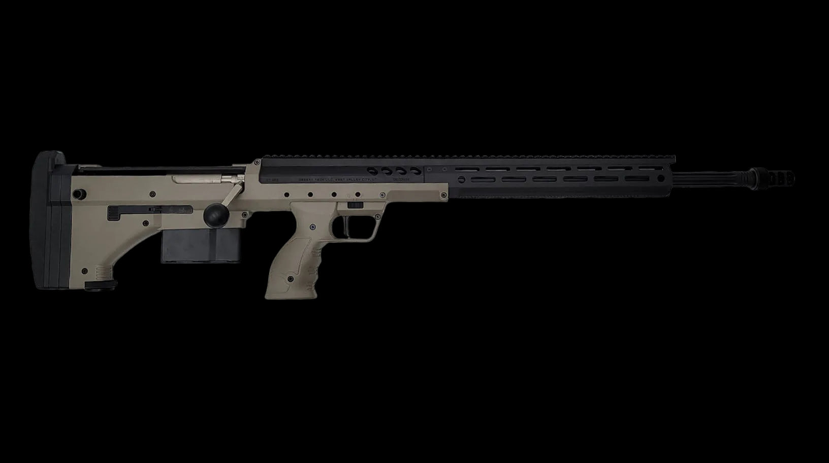 A black, modern tactical precision rifle for dedicated marksmen is photographed in a side view against a plain white background. The B&B Firearms SRS Precision Bullpup Bolt-Action Rifle features a long barrel with a muzzle brake, a rail system on top, a box magazine, an ergonomic pistol grip, and an adjustable stock.