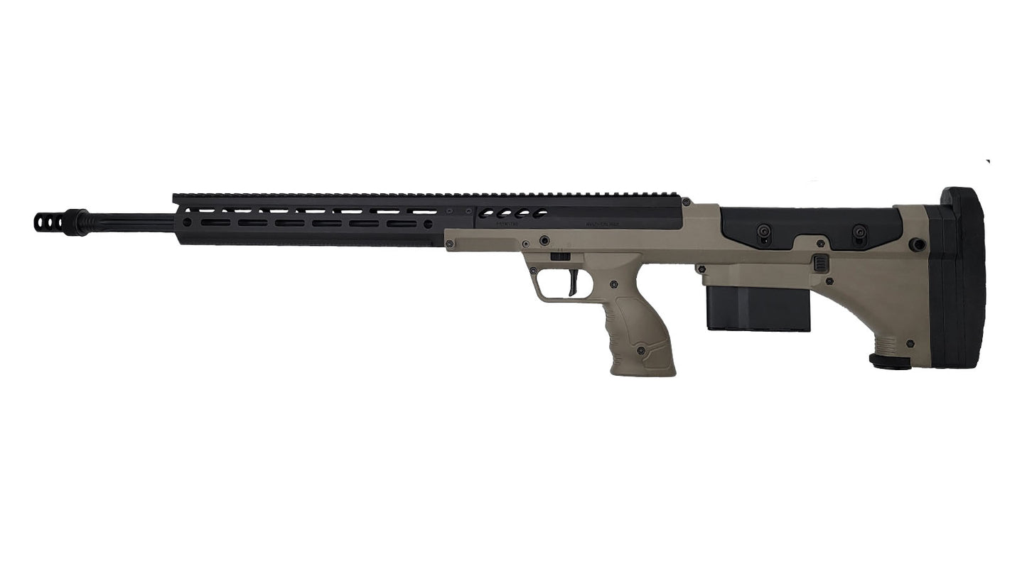 A black, modern tactical precision rifle for dedicated marksmen is photographed in a side view against a plain white background. The B&B Firearms SRS Precision Bullpup Bolt-Action Rifle features a long barrel with a muzzle brake, a rail system on top, a box magazine, an ergonomic pistol grip, and an adjustable stock.