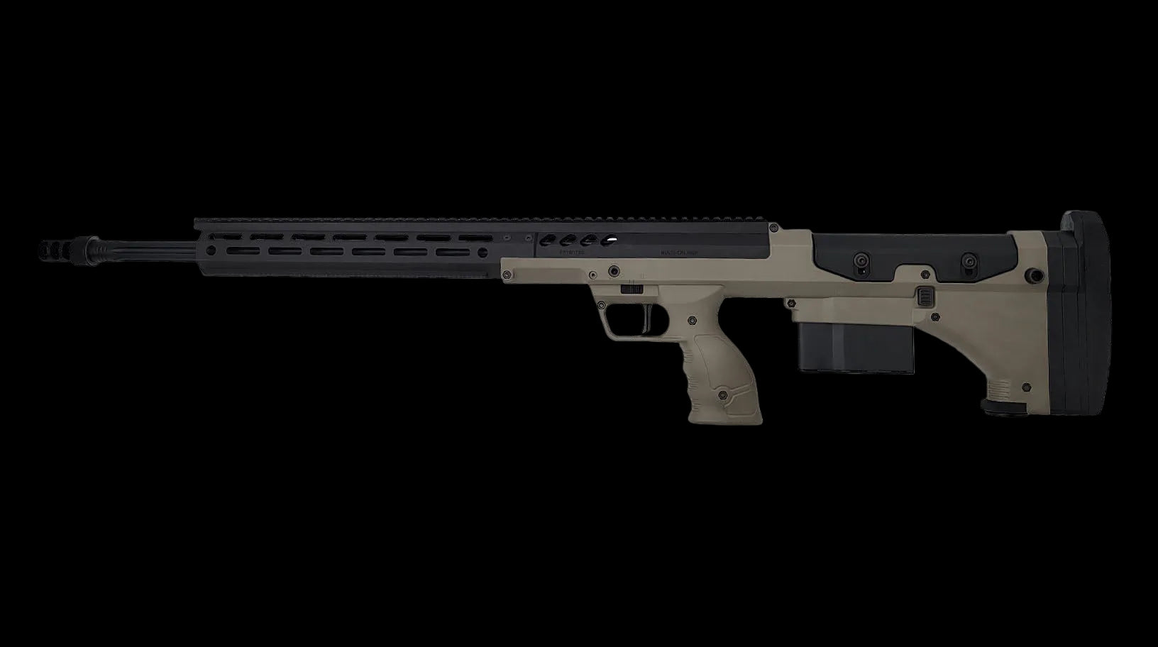 A black, modern tactical precision rifle for dedicated marksmen is photographed in a side view against a plain white background. The B&B Firearms SRS Precision Bullpup Bolt-Action Rifle features a long barrel with a muzzle brake, a rail system on top, a box magazine, an ergonomic pistol grip, and an adjustable stock.