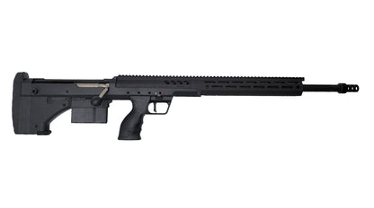 A black, modern tactical precision rifle for dedicated marksmen is photographed in a side view against a plain white background. The B&B Firearms SRS Precision Bullpup Bolt-Action Rifle features a long barrel with a muzzle brake, a rail system on top, a box magazine, an ergonomic pistol grip, and an adjustable stock.