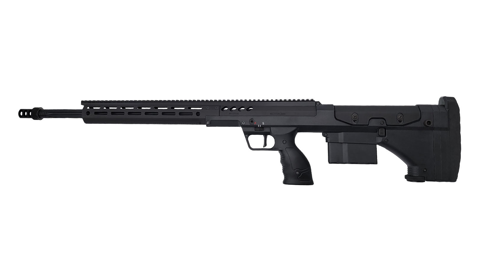 A black, modern tactical precision rifle for dedicated marksmen is photographed in a side view against a plain white background. The B&B Firearms SRS Precision Bullpup Bolt-Action Rifle features a long barrel with a muzzle brake, a rail system on top, a box magazine, an ergonomic pistol grip, and an adjustable stock.