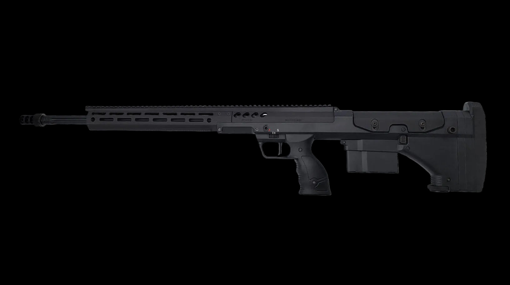 A black, modern tactical precision rifle for dedicated marksmen is photographed in a side view against a plain white background. The B&B Firearms SRS Precision Bullpup Bolt-Action Rifle features a long barrel with a muzzle brake, a rail system on top, a box magazine, an ergonomic pistol grip, and an adjustable stock.